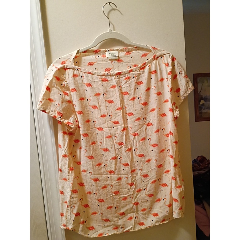 Kate Spade New York Flamingo Silk Blend Blouse Women Size 14 Pink Short Sleeve
